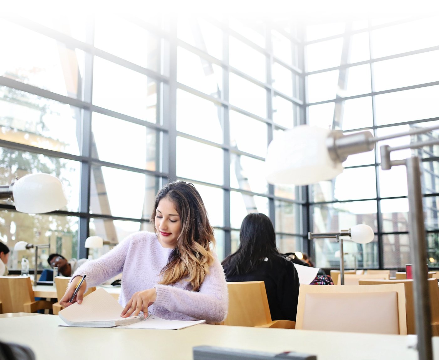 A female student studies in a beautiful library