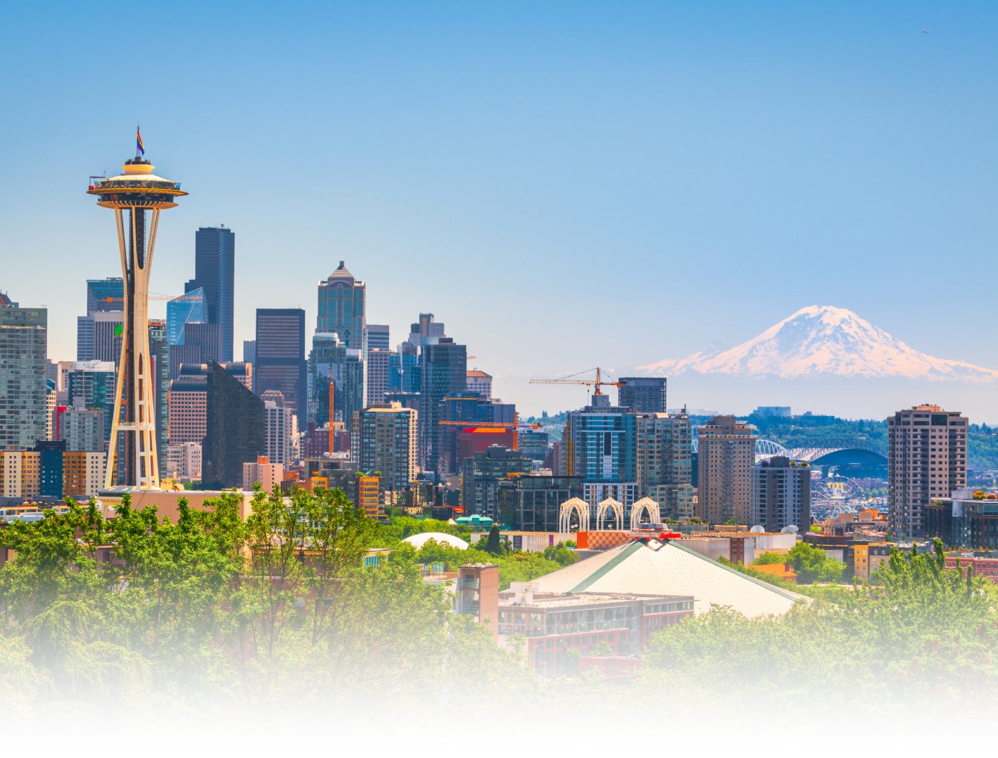 Seattle skyline showing Space Needle and Mt. Ranier